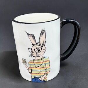 Signature Housewares Hipster Bunny Rabbit Coffee Mug Glasses Sweater Stoneware